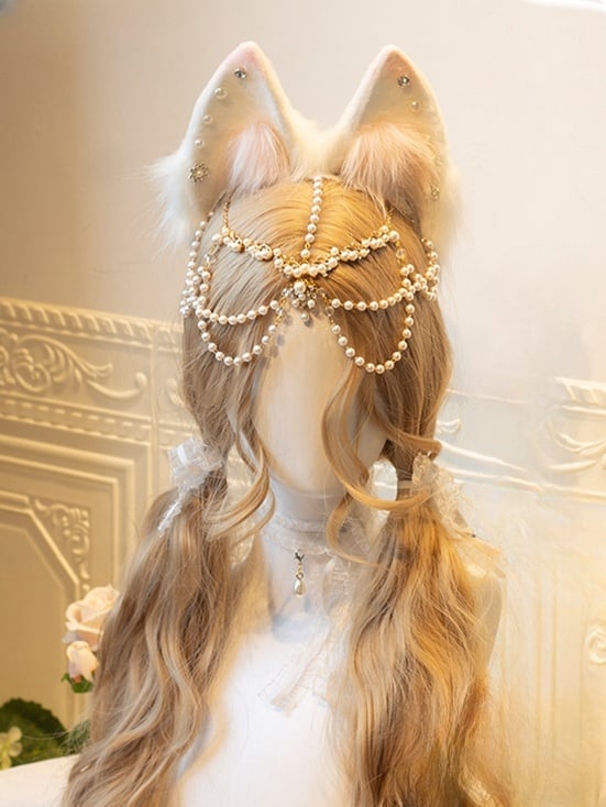 [$64.75]White Plush Cat Claw's Gloves+Cat Ears KC+Artificial Pearl Chain+Tail Set