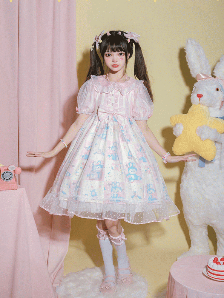 [$54.00]Soft Bunny Pink Print Peter Pan Collar Flounce Hemline Short Sleeves Lolita OP