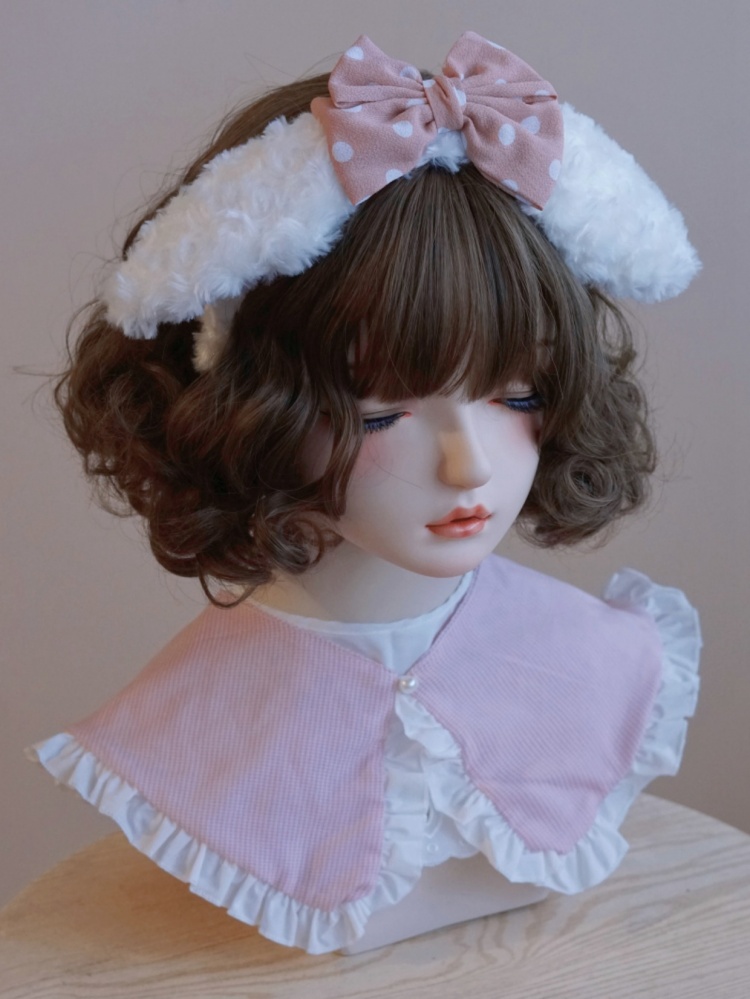 [$8.51]Handmade Pink Polka-dot Bow White Plush Bunny-Ear KC