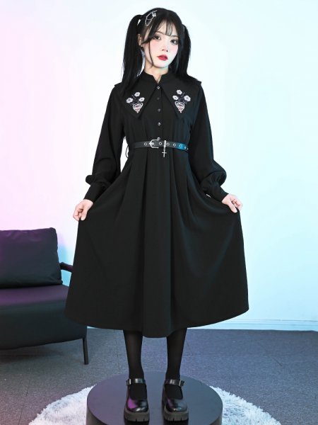 [$55.00]Wild Rose Embroidery Banded Collar Long Sleeves Shirt Dress