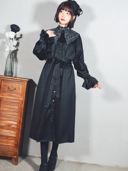 [$53.78]Black Banded Collar Button Front Long Sleeves Shirt Dress