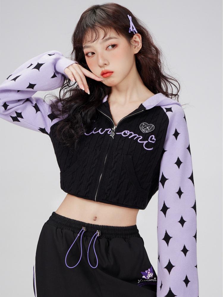 Sanrio Authorized Kuromi Cropped Hooded Knit Outerwear