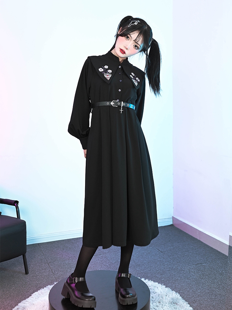 Wild Rose Embroidery Banded Collar Long Sleeves Shirt Dress