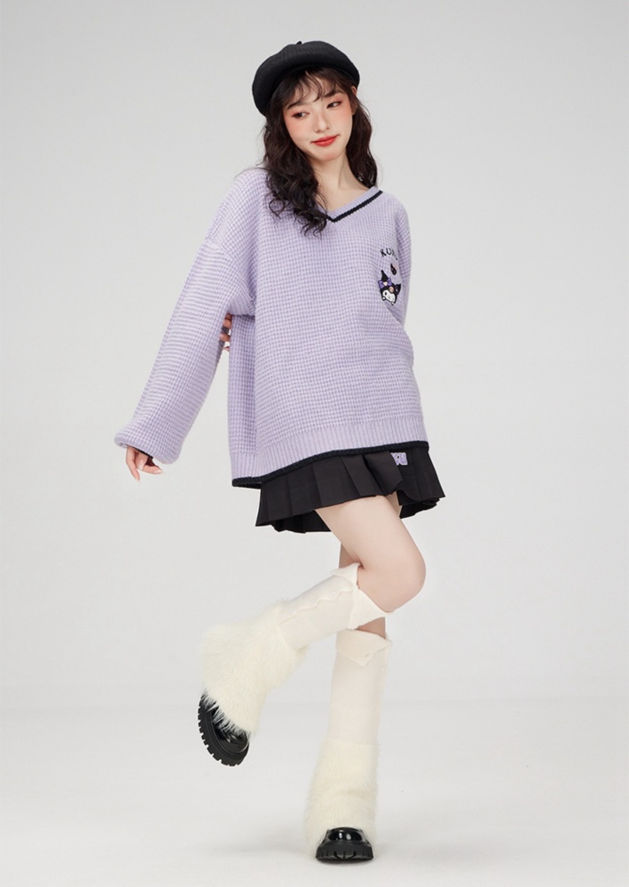 Sanrio Authorized Kuromi Purple and Black V-neck Sweater
