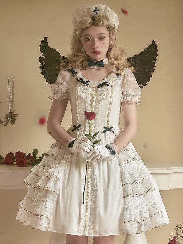 [$114.00]White Heaven's Door  Bead Details  Ruffle Trim Short Sleeves Lolita OP
