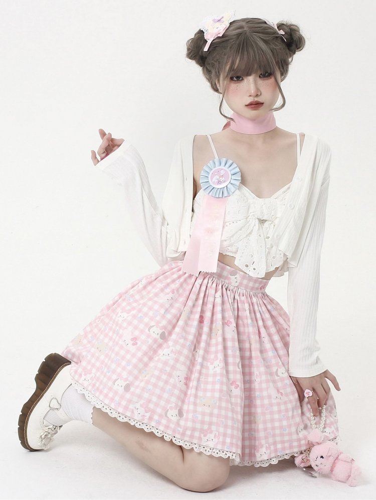 [$39.00]Pink Mikko Authorized Print Plaid Pattern  Skirt