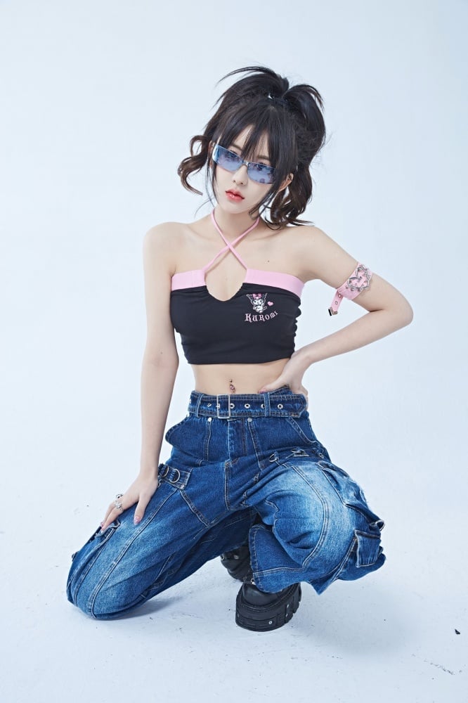 Blue Sanrio Authorized Kuromi Applique Stud Design Denim Cargo Pants