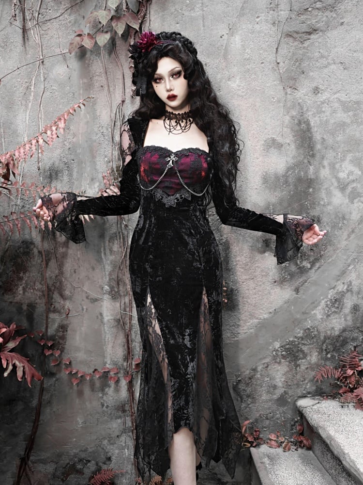 Gothic Sweetheart Neckline Semi-sheer Lace Slit Hem Velvet Mermaid Dress