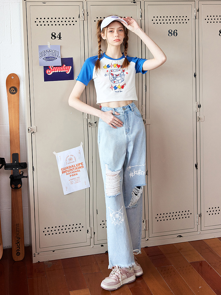 [$74.75]UNIFREE and Sanrio Collaboration Kuromi Distressed Design Jeans