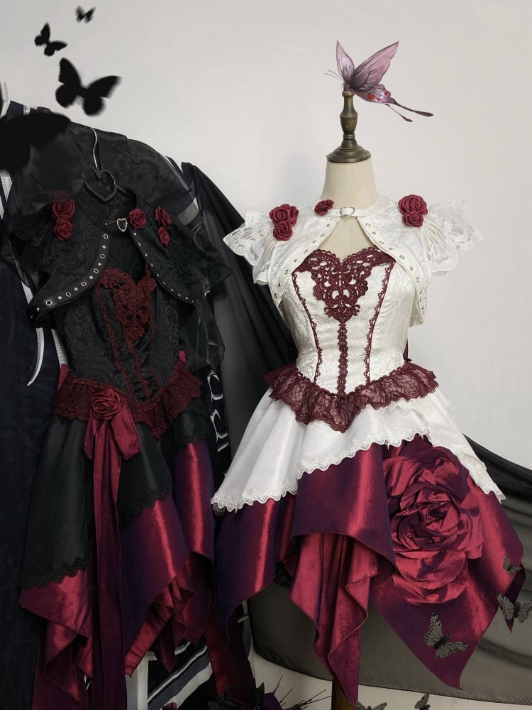 Bloody Rose White and Red Rose Decorated Tiered Handkerchief Hem Gothic Lolita JSK