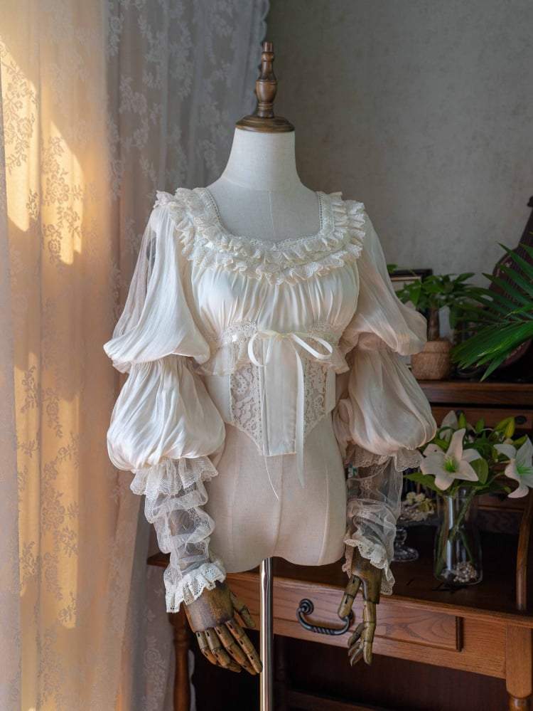 [$49.00]Cersei Lace Ruffle Trim Boned Waist Shirring Back Long Sleeves  Blouse