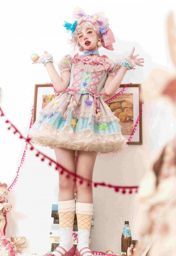 [$94.50]Sugar Magic Bowknot Details Lace-up Bodice Stars Decoration Short Sleeves Lolita OP