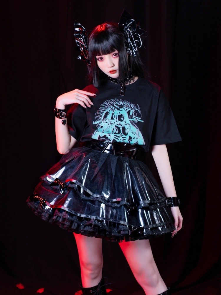 Eva Polished Black PU Tiered Skirt and Flounce Hem Lolita SK