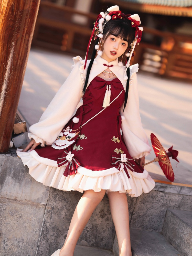 New Year Rabbit Red Bowknot Details Lace-up Bodice Lolita JSK