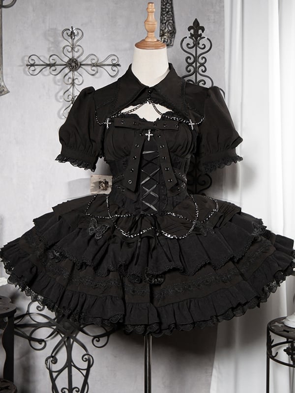 Contract Cross Color Black Lace-up Bodice Chain Decoration Gothic Lolita JSK