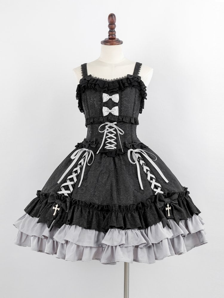 Special Offer - Evil Dimple Black and Gray Bowknot Details Lace-up Design JSK+Cape+Gray Shirt Gothic Lolita Set