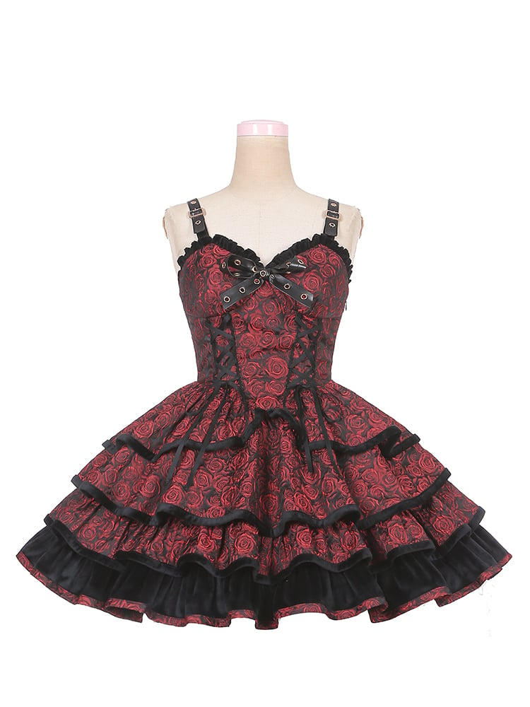 Bloody Mary Rose Jacquard Lace-up Detail Tiered Skirt and Flounce Hem Lolita JSK