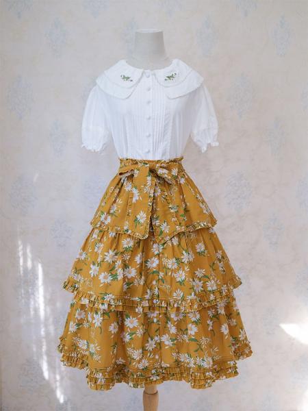 [$99.50]Daisies' Summer Floral Print Tiered Skirt