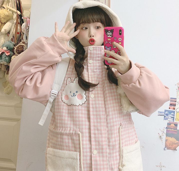 MoMo Rabbit Plaid Pattern Rabbit Embroidery Hooded Jacket