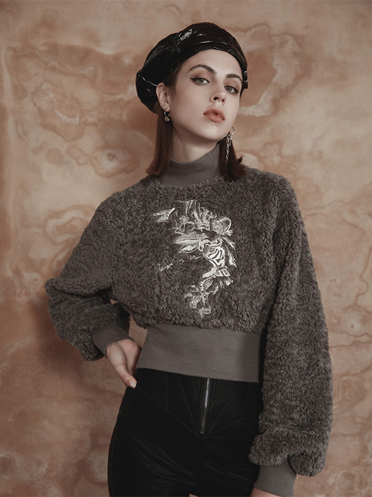 [$53.78]Gray Gothic Tiger Embroidery High Neck Sweat Shirt