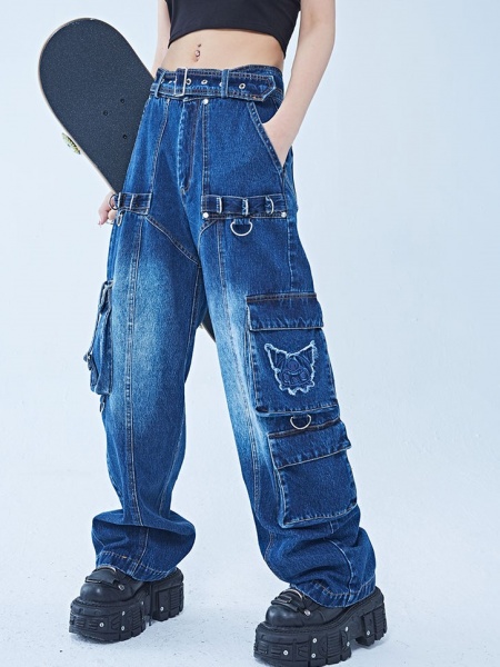Blue Kuromi Applique Stud Design Denim Cargo Pants