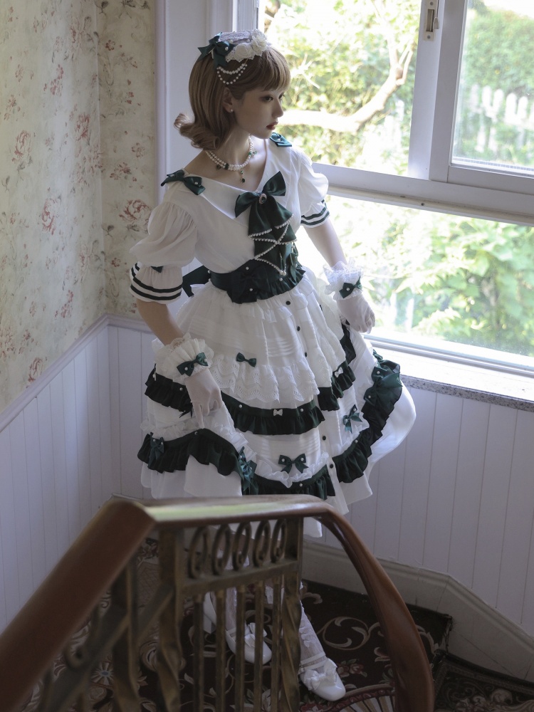 [$108.25]Camellia Manor Beads Bowknot Details Short Sleeves Lolita OP