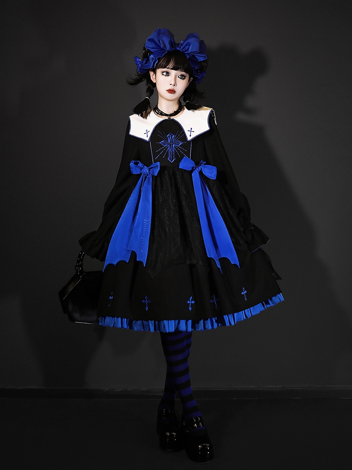 Black and Klein Blue Cross Embroidery Ruffle Hemline Long Sleeves Lolita OP
