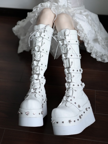 [$74.50]White Heart-shaped Studs and Buckle Straps Platform Boots