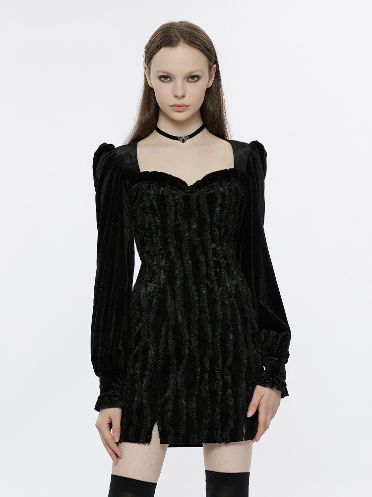 Gothic Puff Sleeves Sweetheart Neckline Velvet Slit Dress