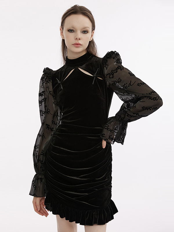 Gothic Banded Collar Velvet Ruffle Hem Dress