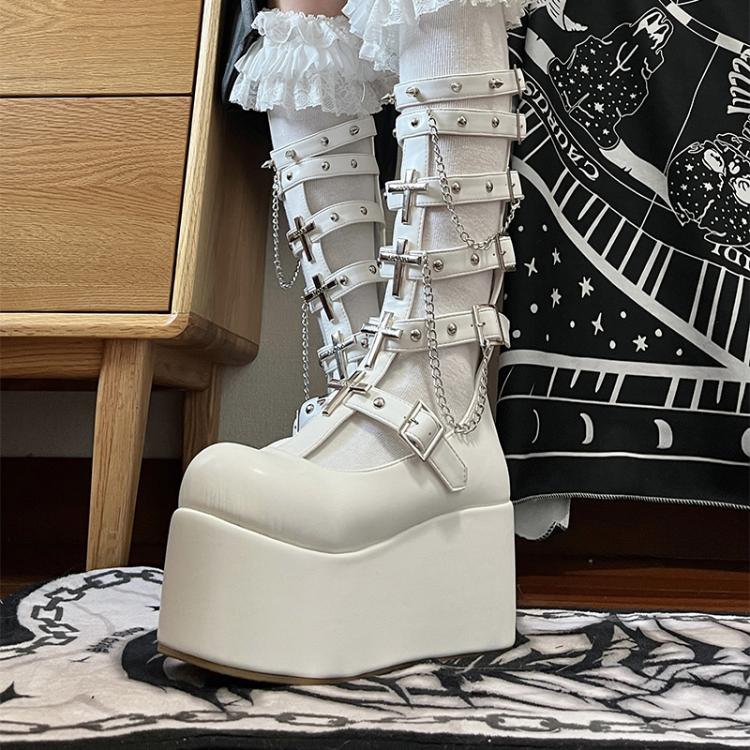 Metal Crosses White Punk Platform Boots Cutout Front and Studs Straps