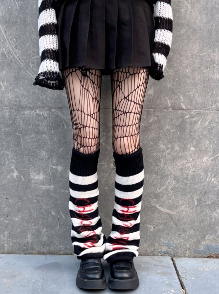 [$12.86]Punk Red/ Black Striped Pattern Leg Warmers