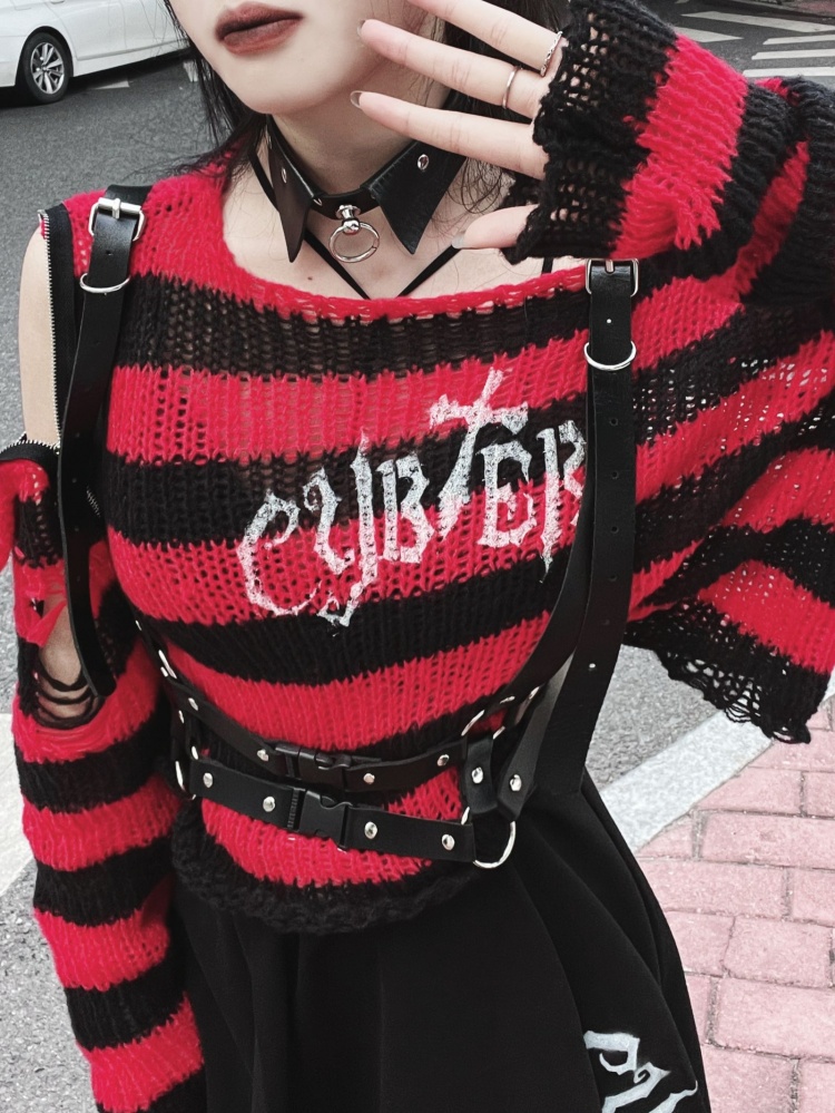 Punk Zip Design Striped Pattern Sweater