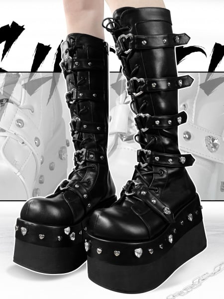 [$74.50]Black Heart-shaped Studs and Buckle Straps Platform Boots