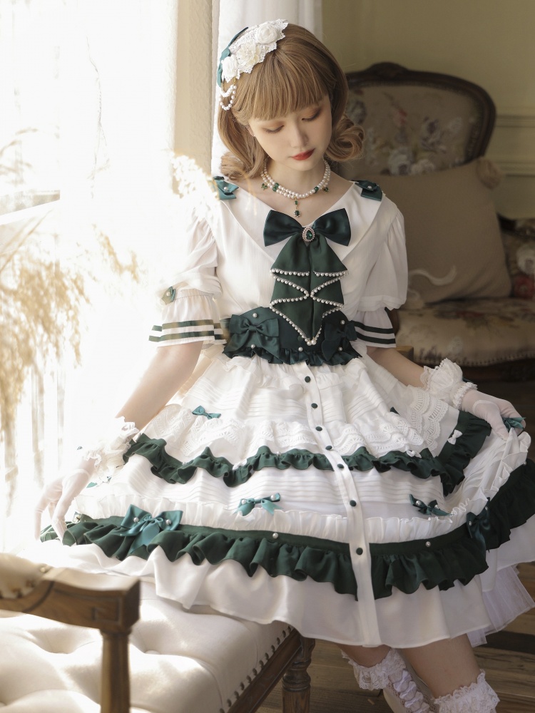 Camellia Manor Beads Bowknot Details Short Sleeves Lolita OP