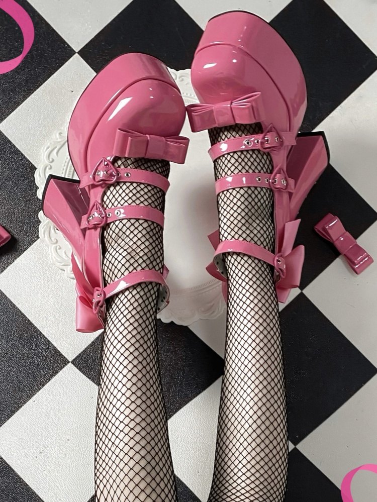 Bow Accents Barbie Pink Platform Lace-up Block High Heel Shoes