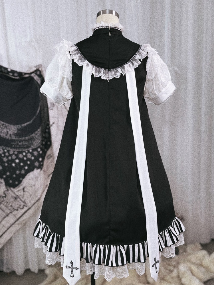 Black and White Short Sleeves Lolita OP with Striped Pattern Ruffle Hem