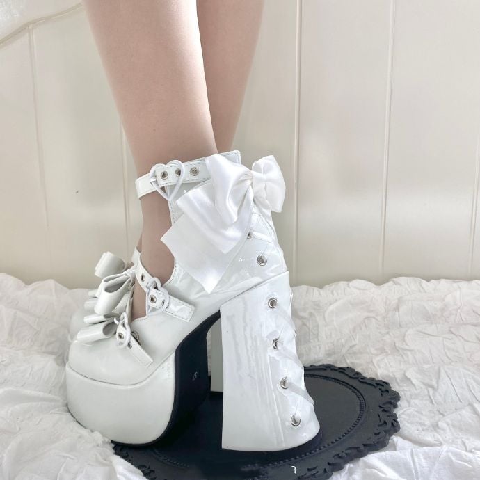 Bow Accents White Platform Lace-up Block High Heel Shoes