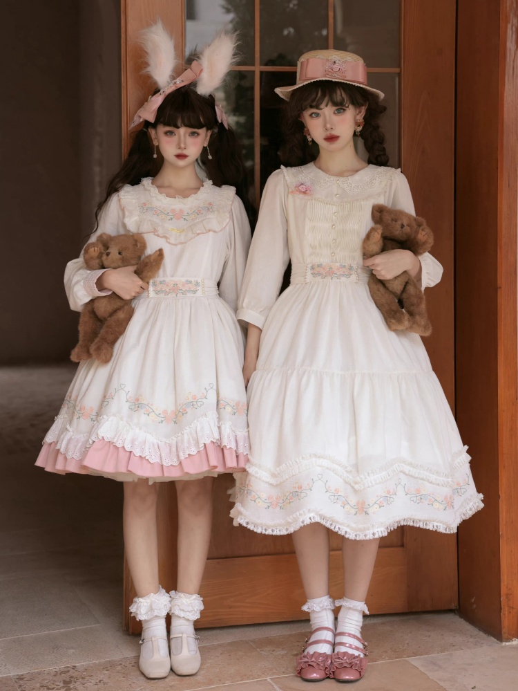 Time Collection White and Pink Peter Pan Collar/Ruffle Round Neck