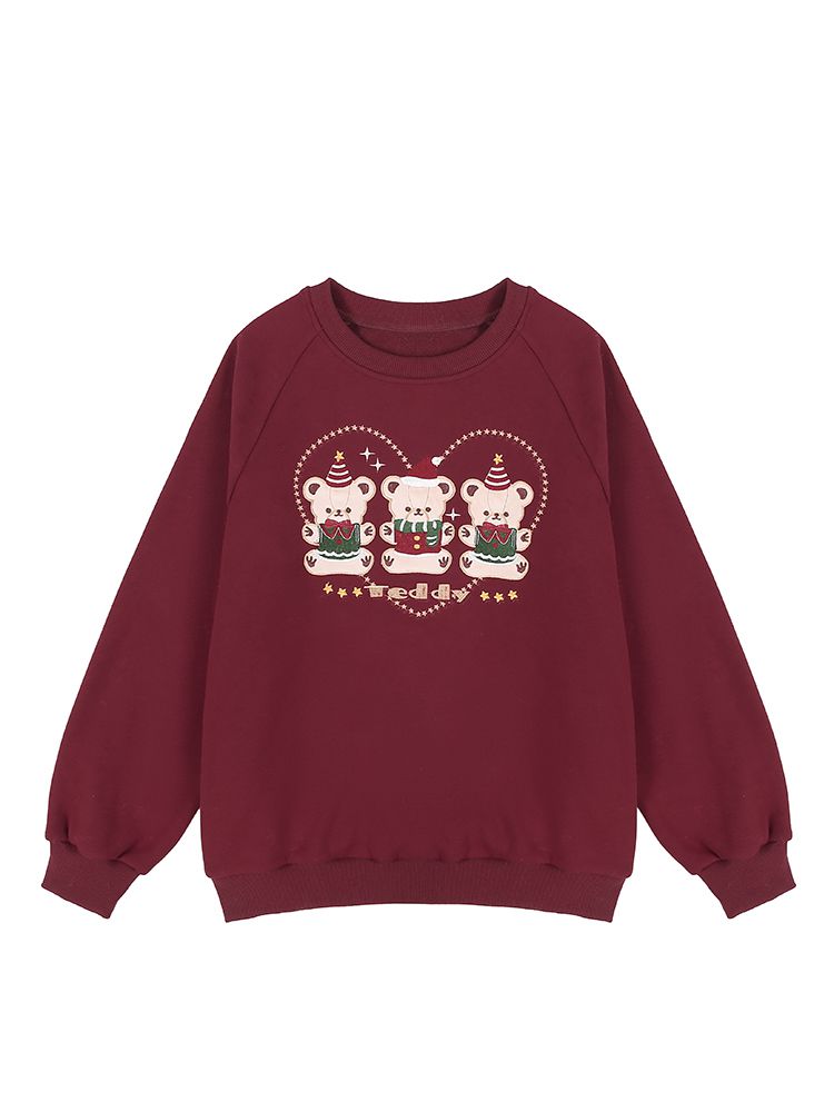 Christmas Teddy Bears Embroidery Wine Red Sweat Shirt