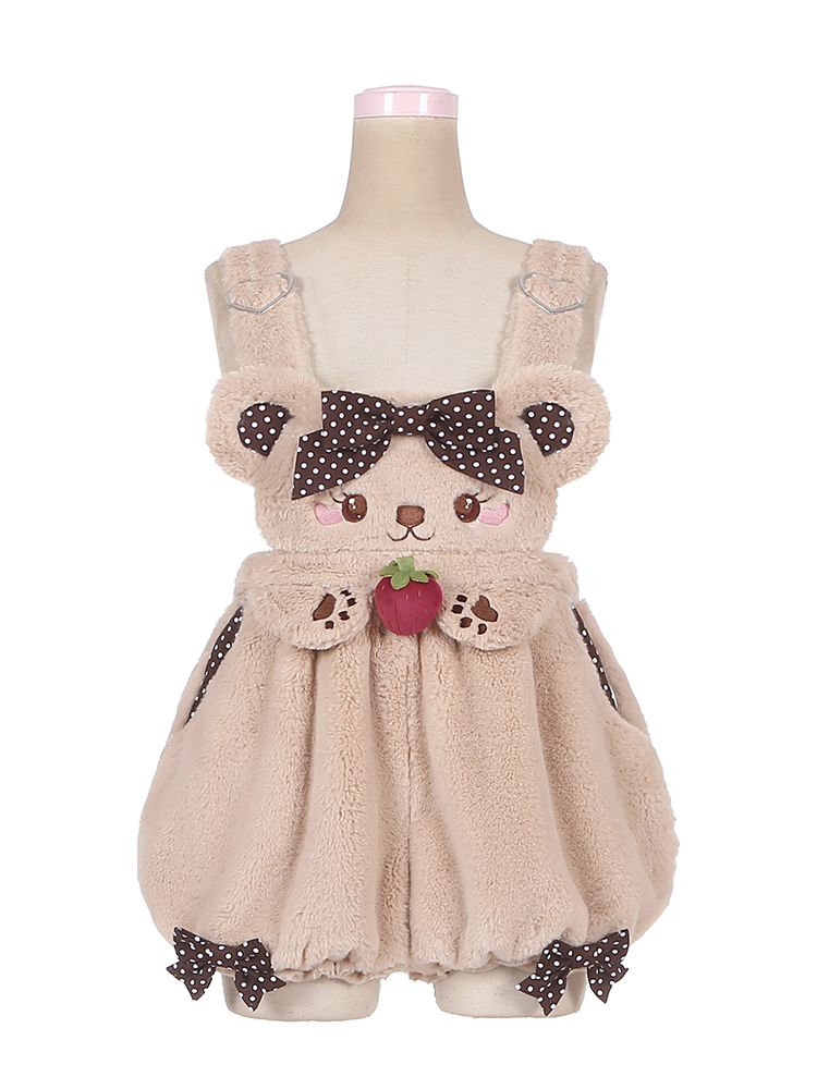 Strawberry Pop-boo Bear Bowknot Detail Coffee Plush Overall Pants
