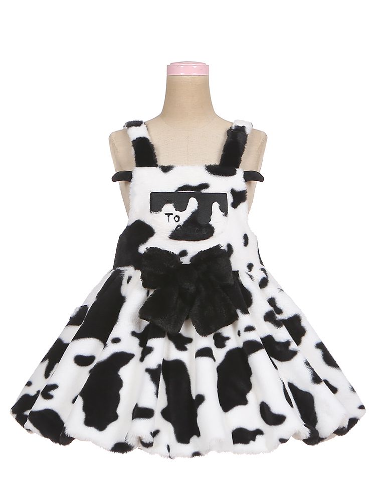 Hot Milk Cow Pattern Plush Bubble Lolita Overall Dress