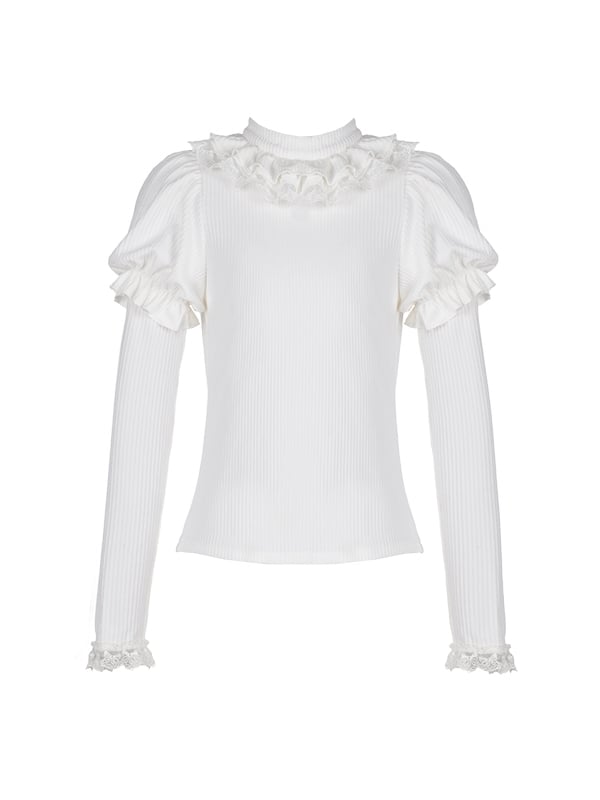 Souffle Color White Ruffle Trim Round Neck Long Sleeves Knitted Top