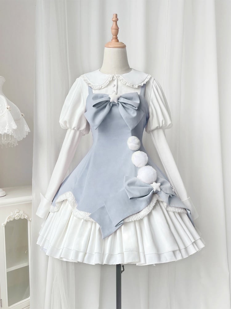 Winter Fairy Tale White and Blue Plush Balls Bowknot Details Lolita JSK + White Blouse Set