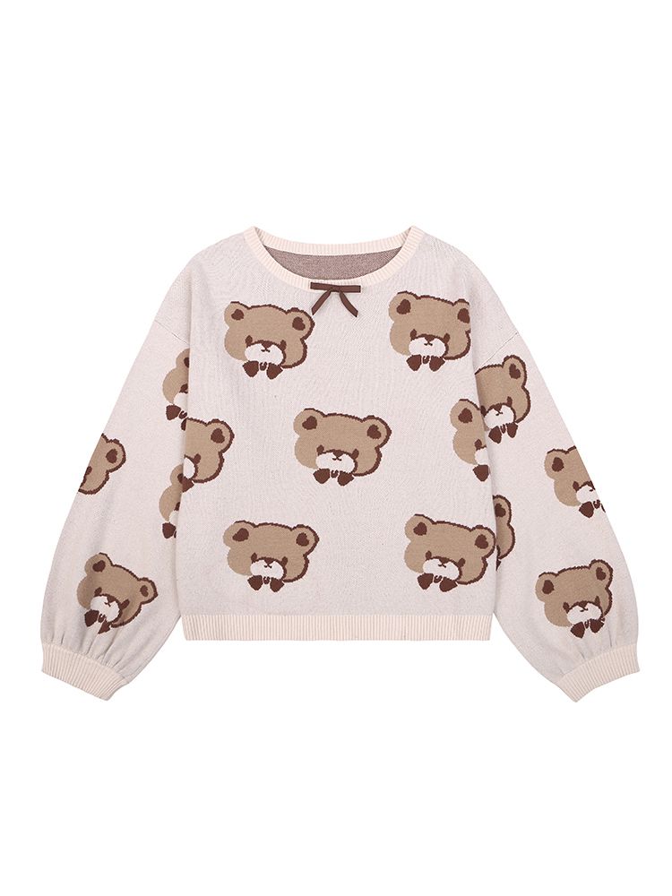Strawberry Pop-boo Bear Bowknot Detail Coffee Sweater