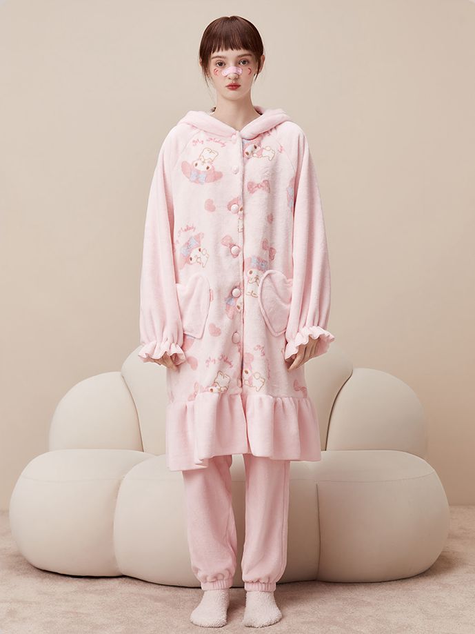 Sanrio Authorized My Melody Bowknot Detail Hooded Nightgown+ Pants Pajama Set