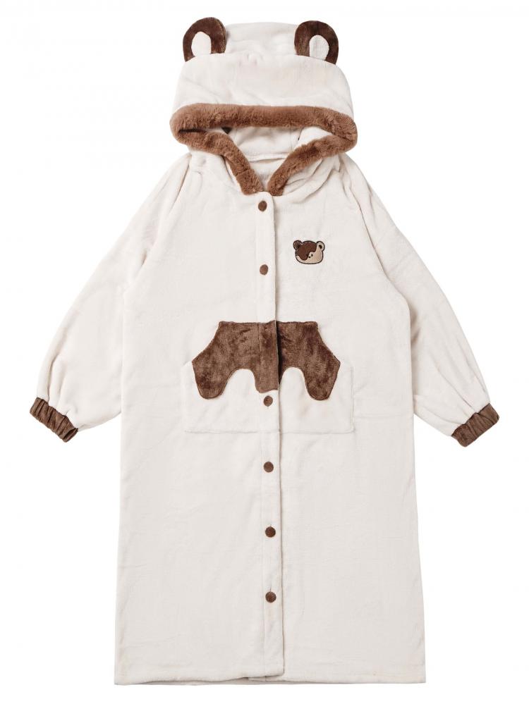 Little Bear Embroidery White and Brown/ Gray Hooded Flannel Nightgown
