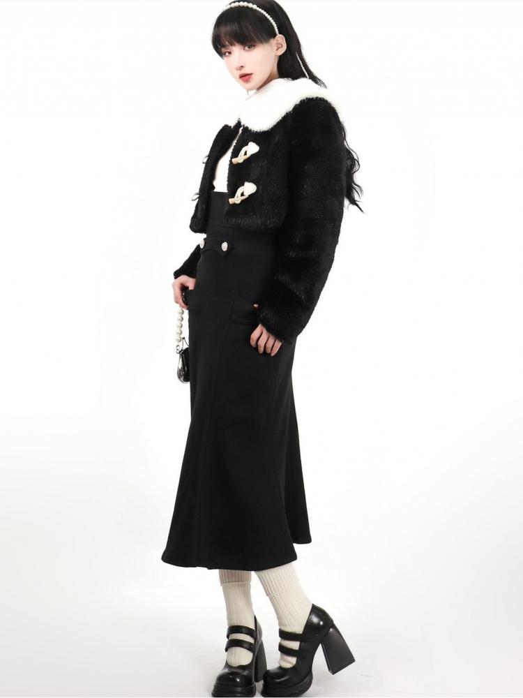 To Adeline Peter Pan Collar Black Plush Jacket/ Black Mermaid Skirt