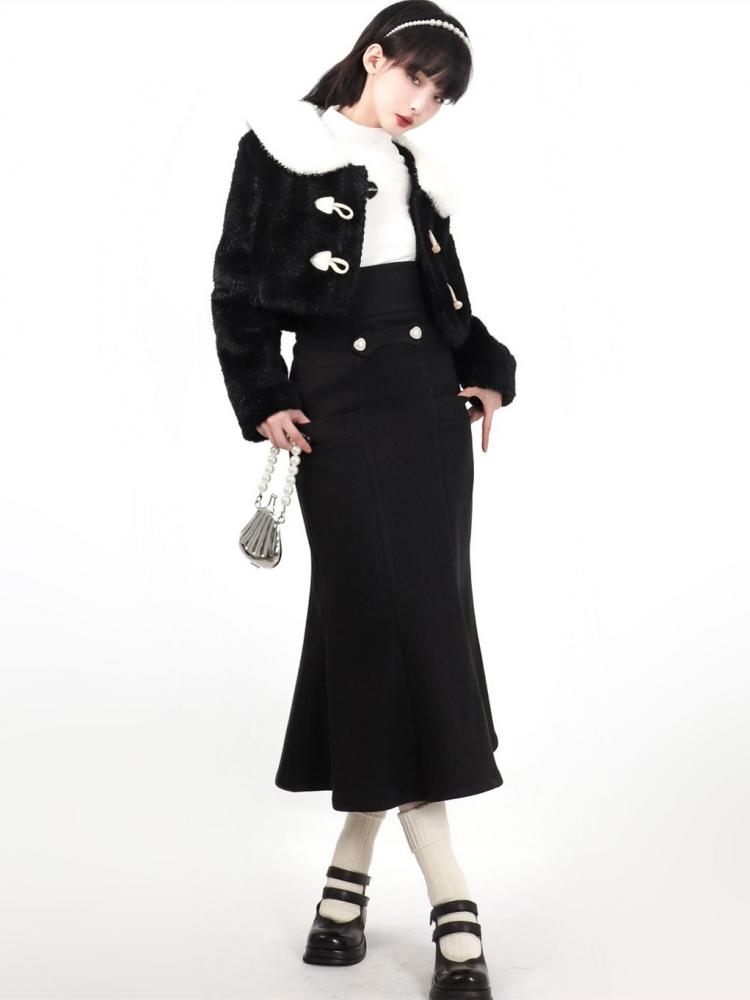 To Adeline Peter Pan Collar Black Plush Jacket/ Black Mermaid Skirt