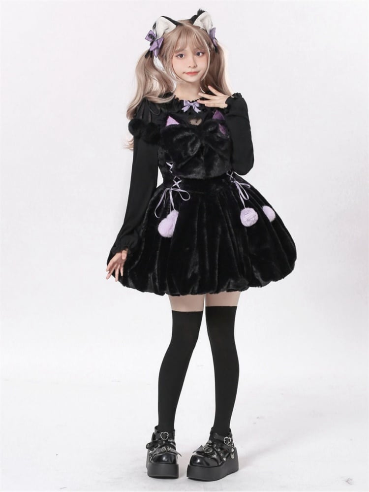 Witch's Black Cat Bowknot Bodice Lace-up Design Bubble Slip Dress